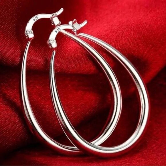 SILVER 925 41 mm Drop Shape Hoop Earrings - Picture 4 of 4
